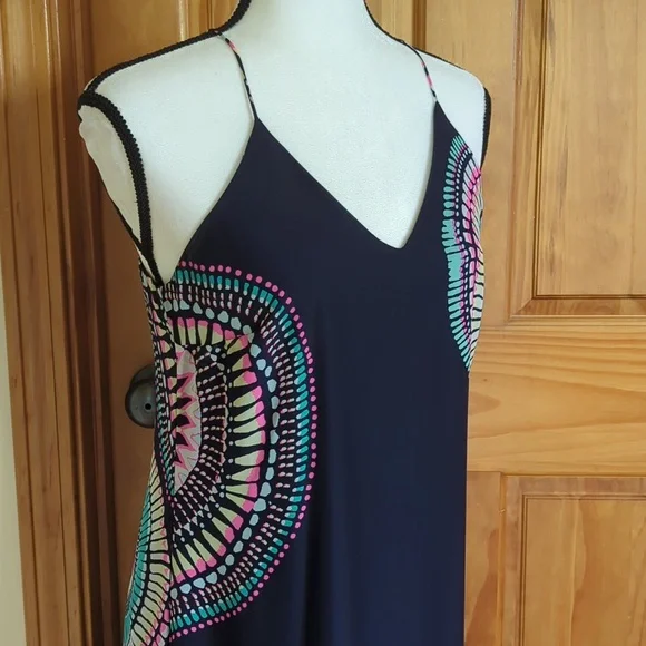 Old Navy T-Strap Chiffon Geometric Boho Maxi Dress S Blue Pink - Picture 5 of 16